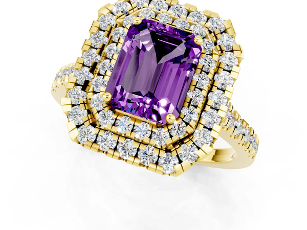 Yellow gold Double Halo Emerald Cut Amethyst Pavé Band with Four-Prong Setting