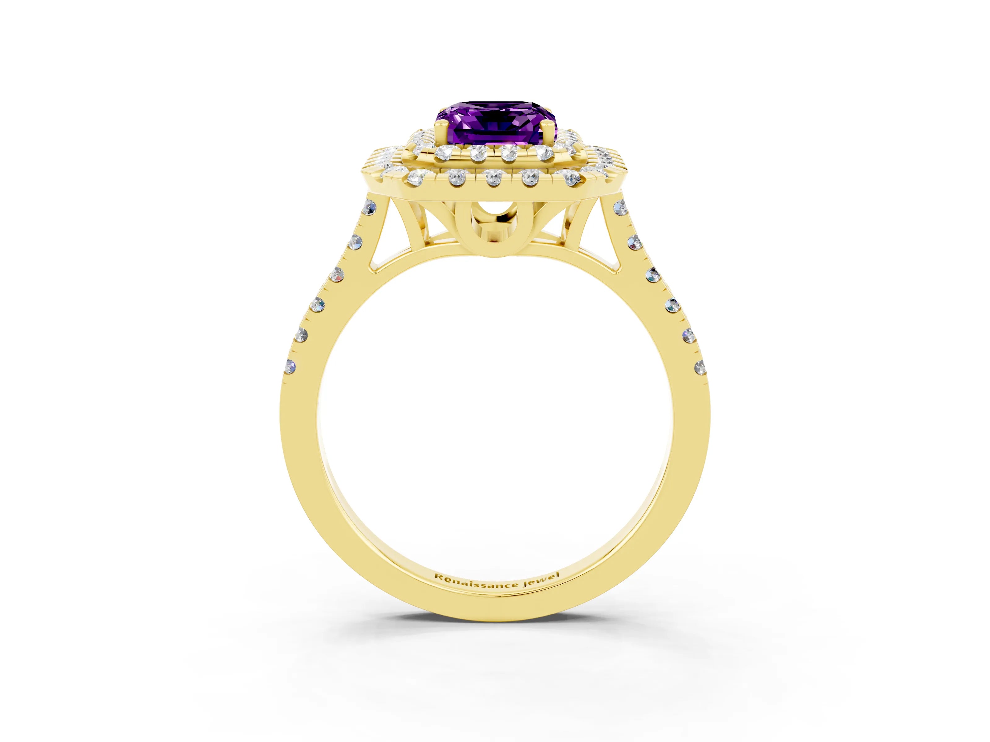 Yellow gold Double Halo Emerald Cut Amethyst Pavé Band with Four-Prong Setting_3