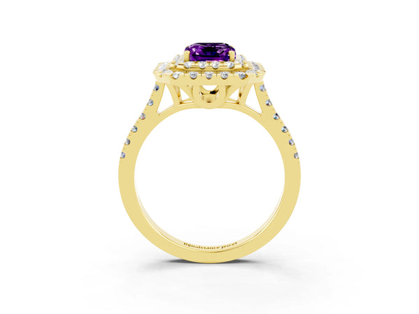 Yellow gold Double Halo Emerald Cut Amethyst Pavé Band with Four-Prong Setting