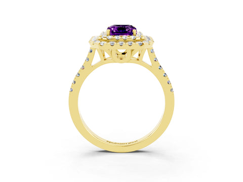 Yellow gold Double Halo Emerald Cut Amethyst Pavé Band with Four-Prong Setting_3