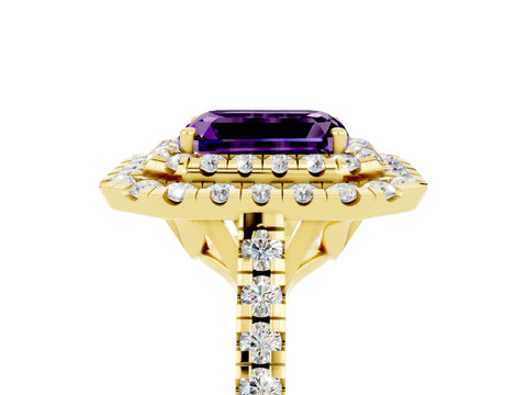 Yellow gold Double Halo Emerald Cut Amethyst Pavé Band with Four-Prong Setting_5