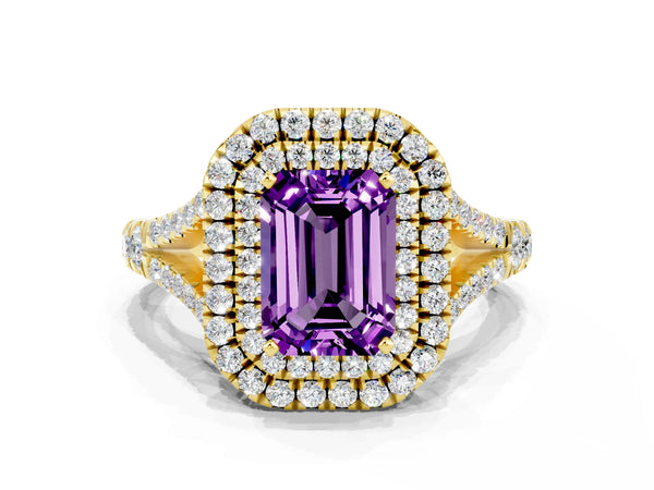 Yellow gold Double Halo Emerald Cut Amethyst Pavé Split Shank Ring with Prong Setting