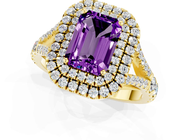 Yellow gold Double Halo Emerald Cut Amethyst Pavé Split Shank Ring with Prong Setting