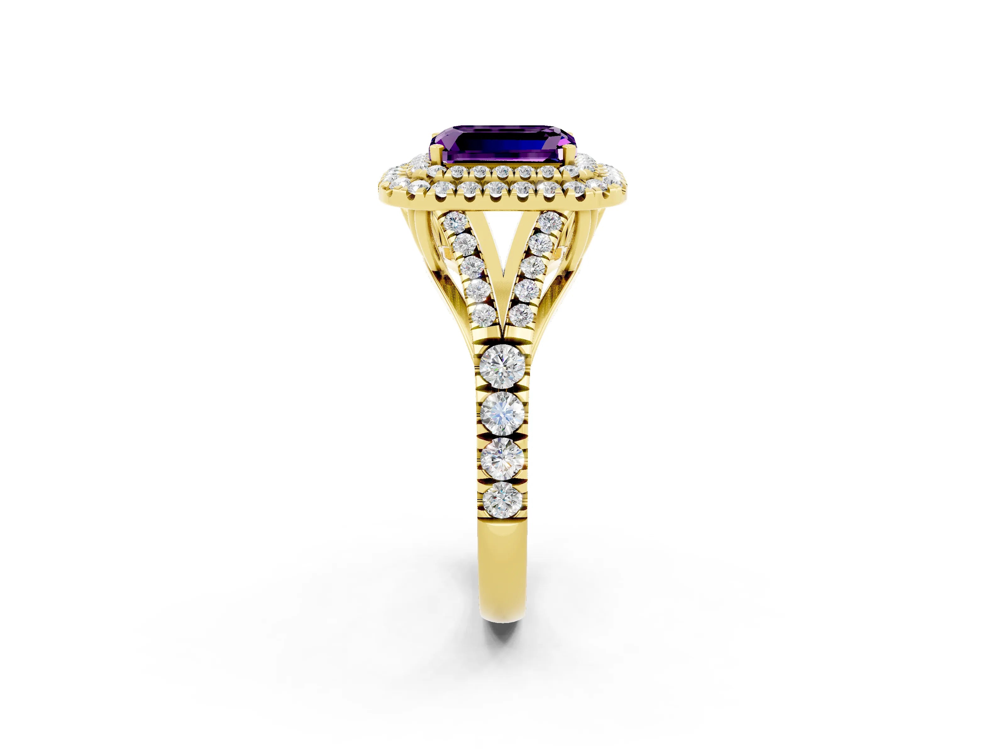 Yellow gold Double Halo Emerald Cut Amethyst Pavé Split Shank Ring with Prong Setting_2