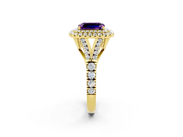 Yellow gold Double Halo Emerald Cut Amethyst Pavé Split Shank Ring with Prong Setting