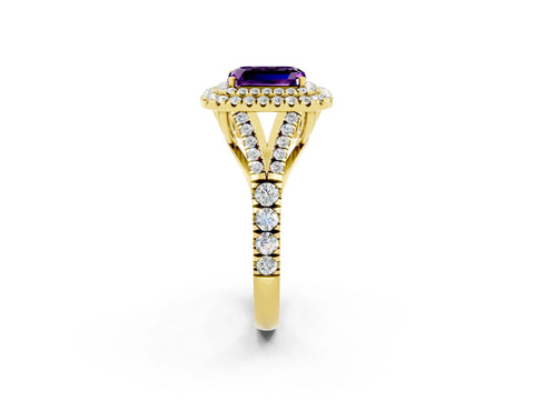 Yellow gold Double Halo Emerald Cut Amethyst Pavé Split Shank Ring with Prong Setting_2