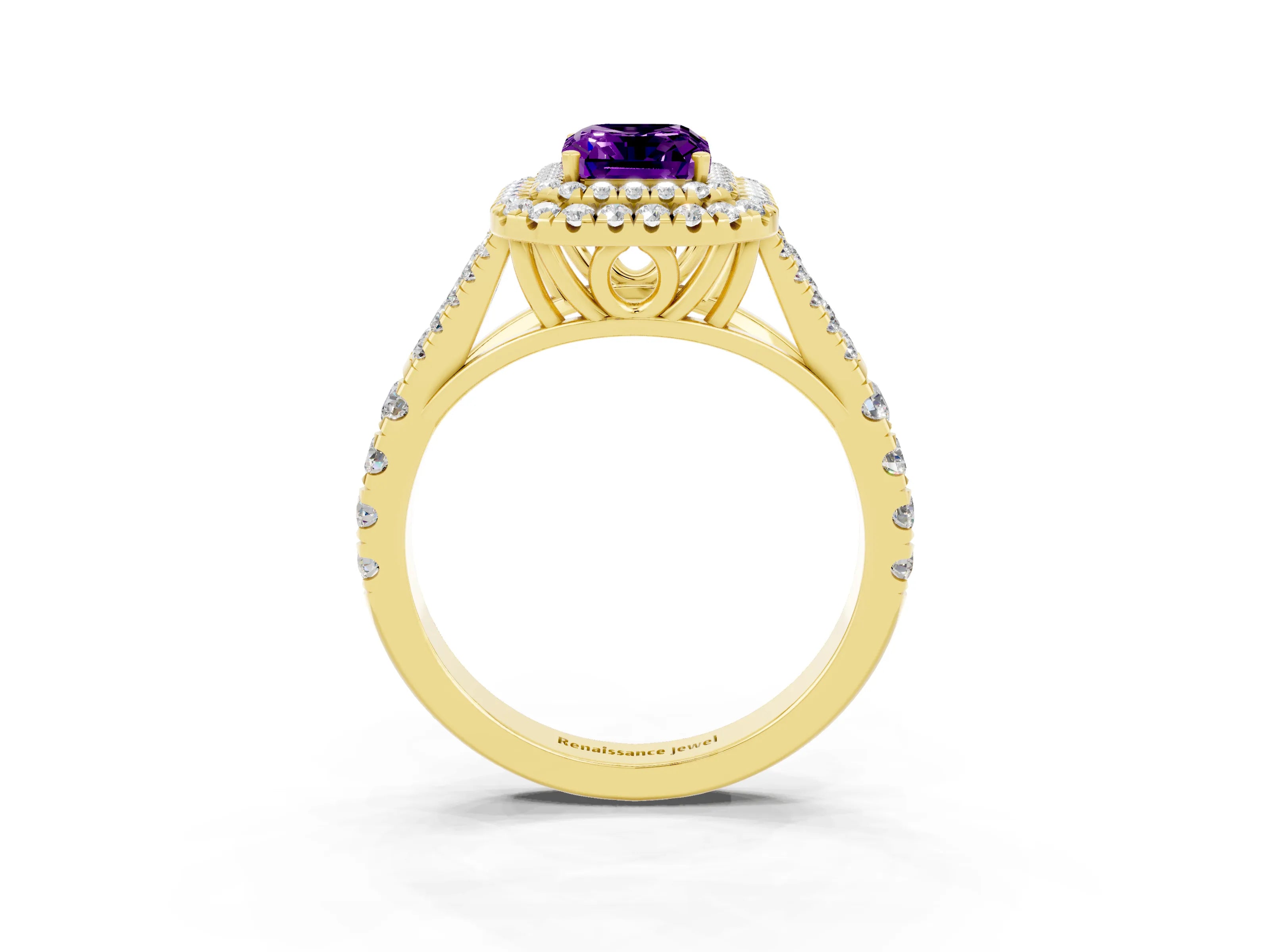 Yellow gold Double Halo Emerald Cut Amethyst Pavé Split Shank Ring with Prong Setting_3