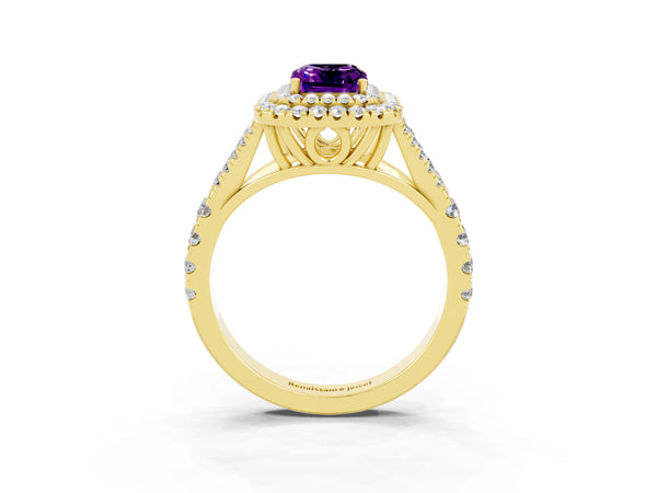Yellow gold Double Halo Emerald Cut Amethyst Pavé Split Shank Ring with Prong Setting