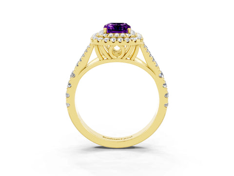 Yellow gold Double Halo Emerald Cut Amethyst Pavé Split Shank Ring with Prong Setting_3