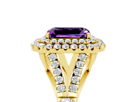 Yellow gold Double Halo Emerald Cut Amethyst Pavé Split Shank Ring with Prong Setting_5