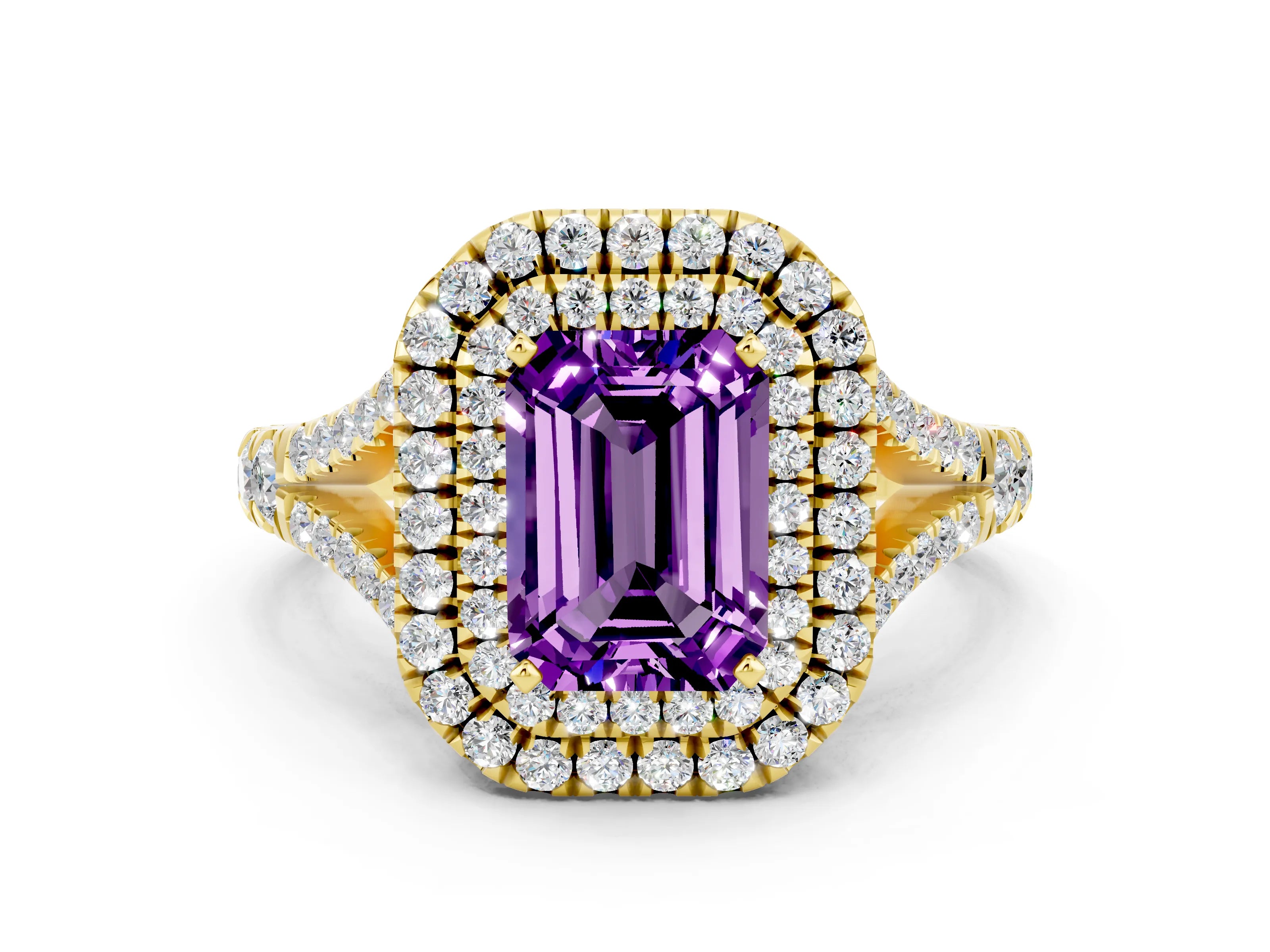 Yellow gold Double Halo Emerald Cut Amethyst Split Shank Engagement Ring with Four-Prong Setting