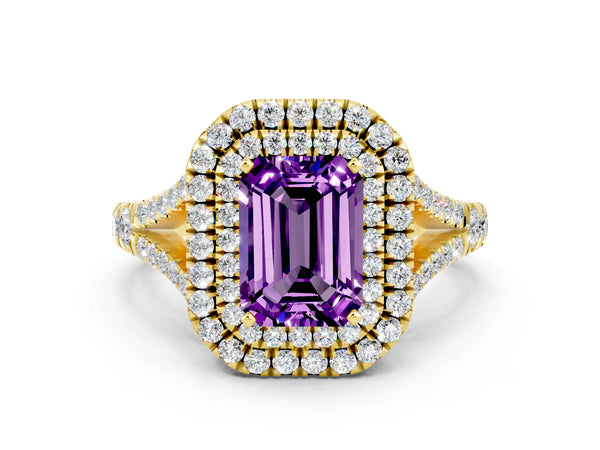 Yellow gold Double Halo Emerald Cut Amethyst Split Shank Engagement Ring with Four-Prong Setting
