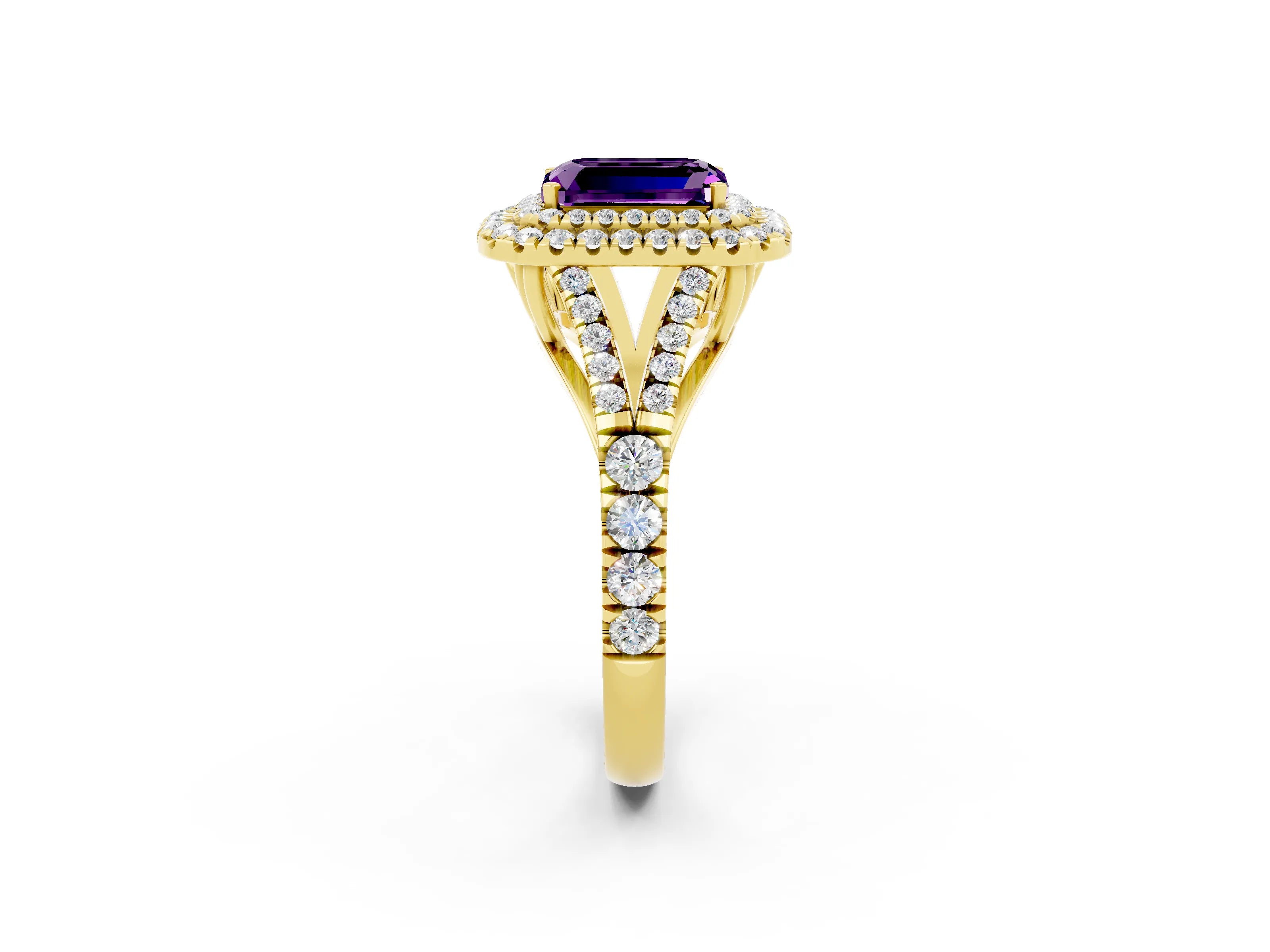 Yellow gold Double Halo Emerald Cut Amethyst Split Shank Engagement Ring with Four-Prong Setting_2