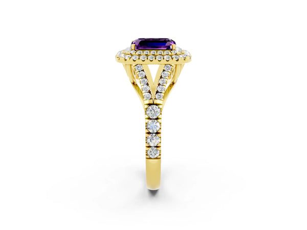 Yellow gold Double Halo Emerald Cut Amethyst Split Shank Engagement Ring with Four-Prong Setting