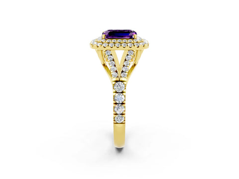 Yellow gold Double Halo Emerald Cut Amethyst Split Shank Engagement Ring with Four-Prong Setting_2