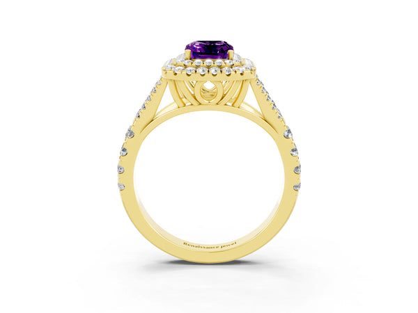 Yellow gold Double Halo Emerald Cut Amethyst Split Shank Engagement Ring with Four-Prong Setting