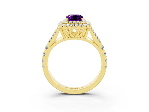 Yellow gold Double Halo Emerald Cut Amethyst Split Shank Engagement Ring with Four-Prong Setting_3