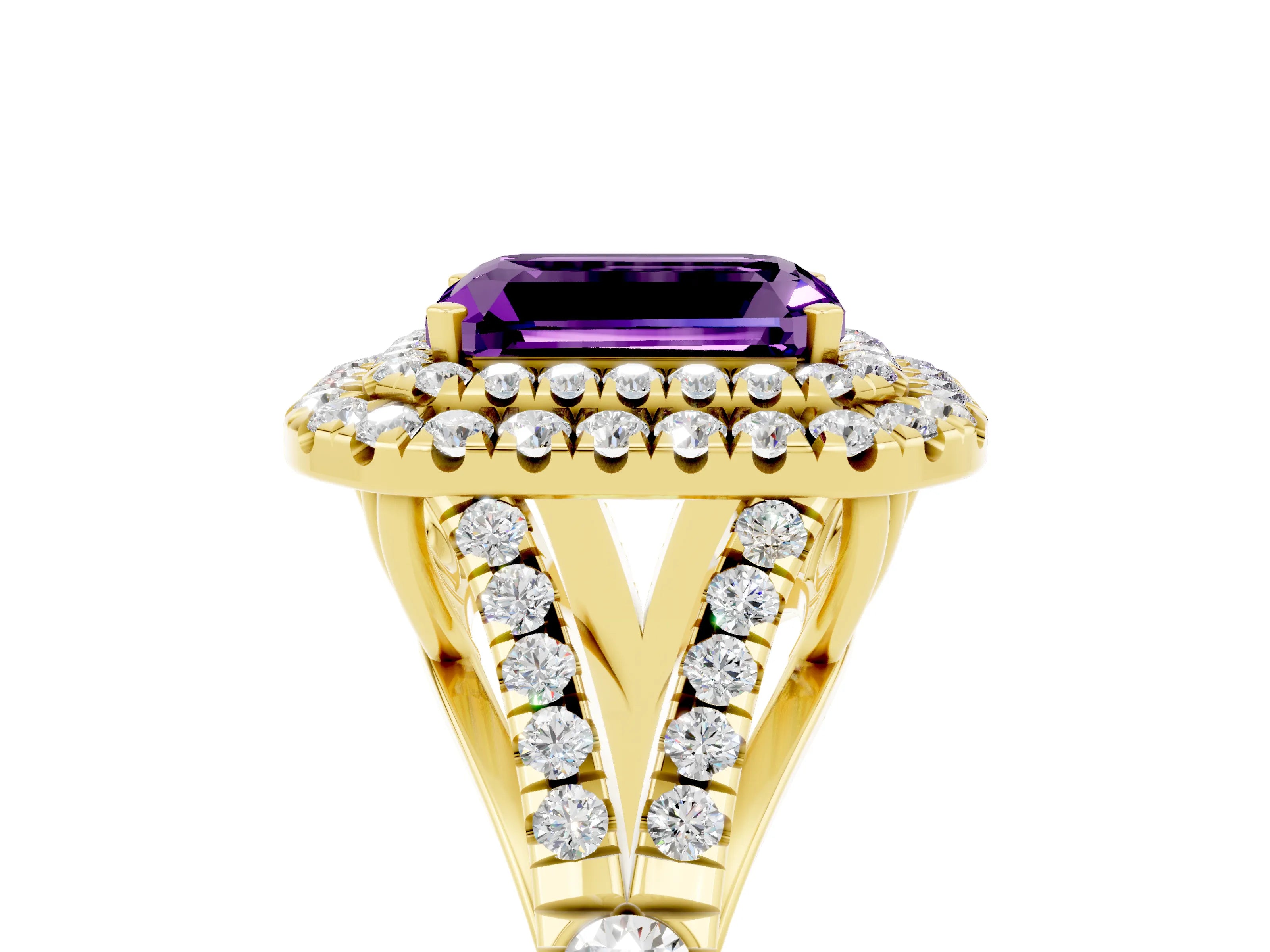 Yellow gold Double Halo Emerald Cut Amethyst Split Shank Engagement Ring with Four-Prong Setting_5