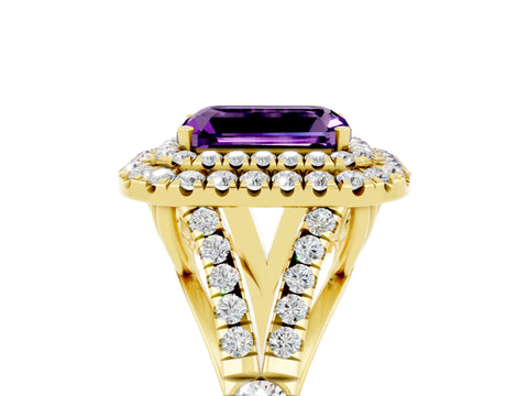 Yellow gold Double Halo Emerald Cut Amethyst Split Shank Engagement Ring with Four-Prong Setting_5