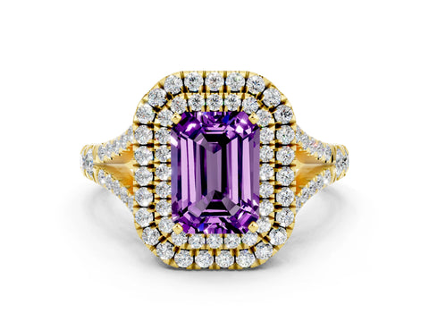 Yellow gold Double Halo Emerald Cut Amethyst Split Shank Engagement Ring with Four-Prong Setting