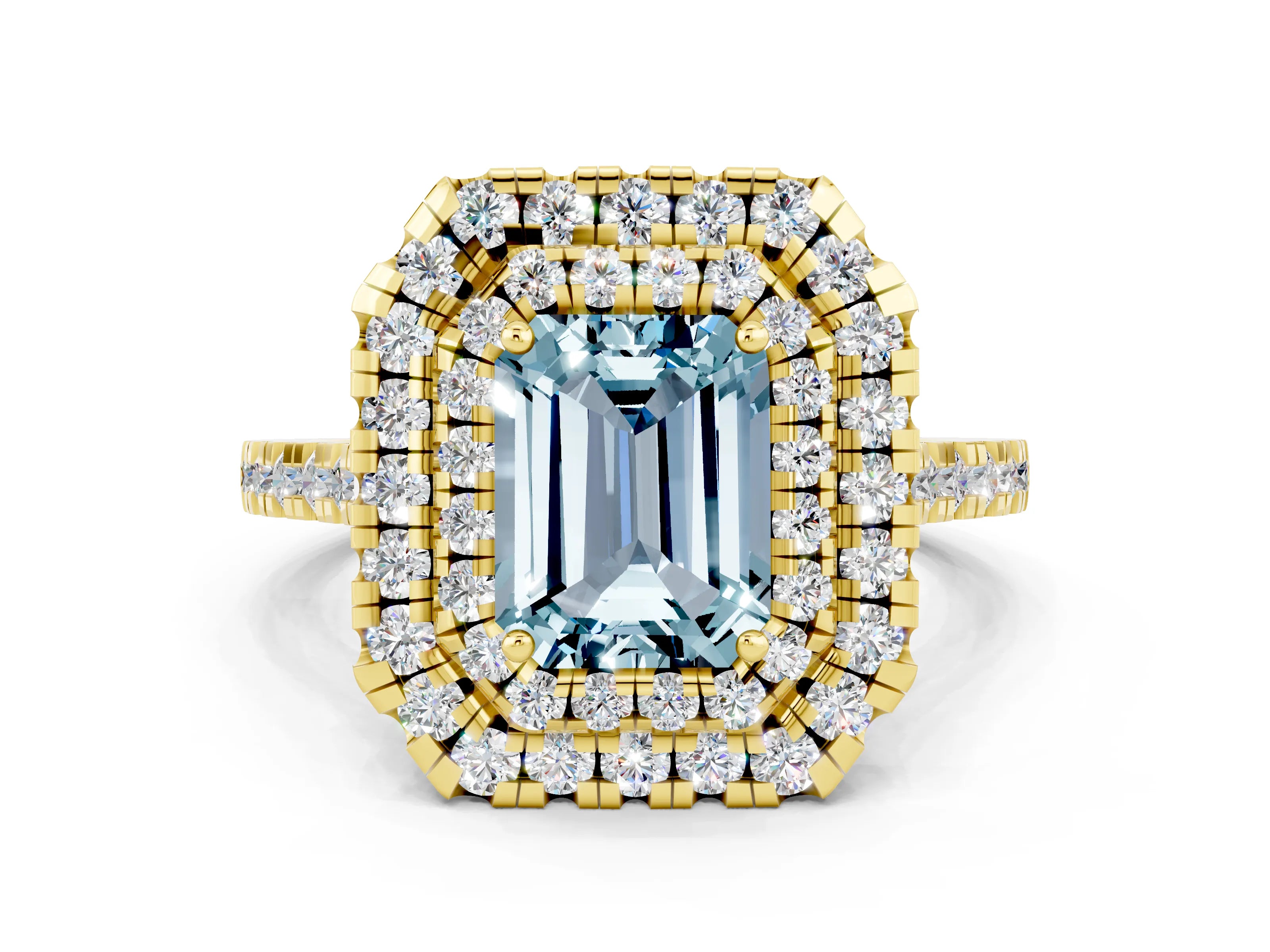 Yellow gold Double Halo Emerald Cut Aquamarine Pavé Band with Four-Prong Setting