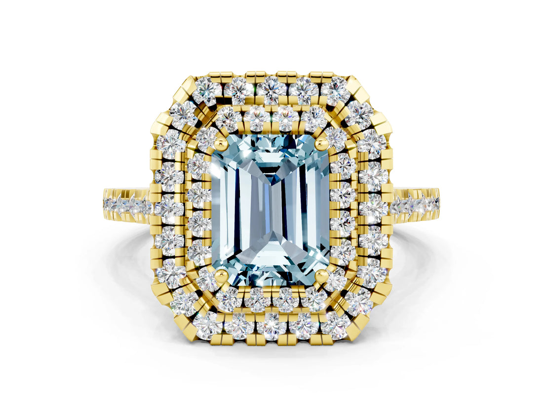 Yellow gold Double Halo Emerald Cut Aquamarine Pavé Band with Four-Prong Setting