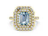 Yellow gold Double Halo Emerald Cut Aquamarine Pavé Band with Four-Prong Setting