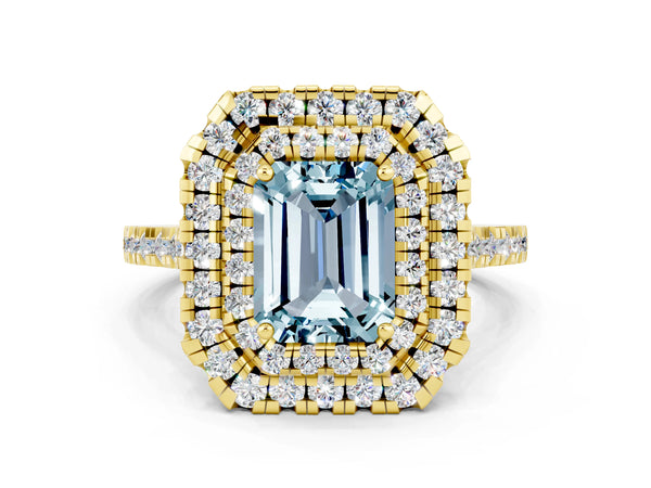 Yellow gold Double Halo Emerald Cut Aquamarine Pavé Band with Four-Prong Setting