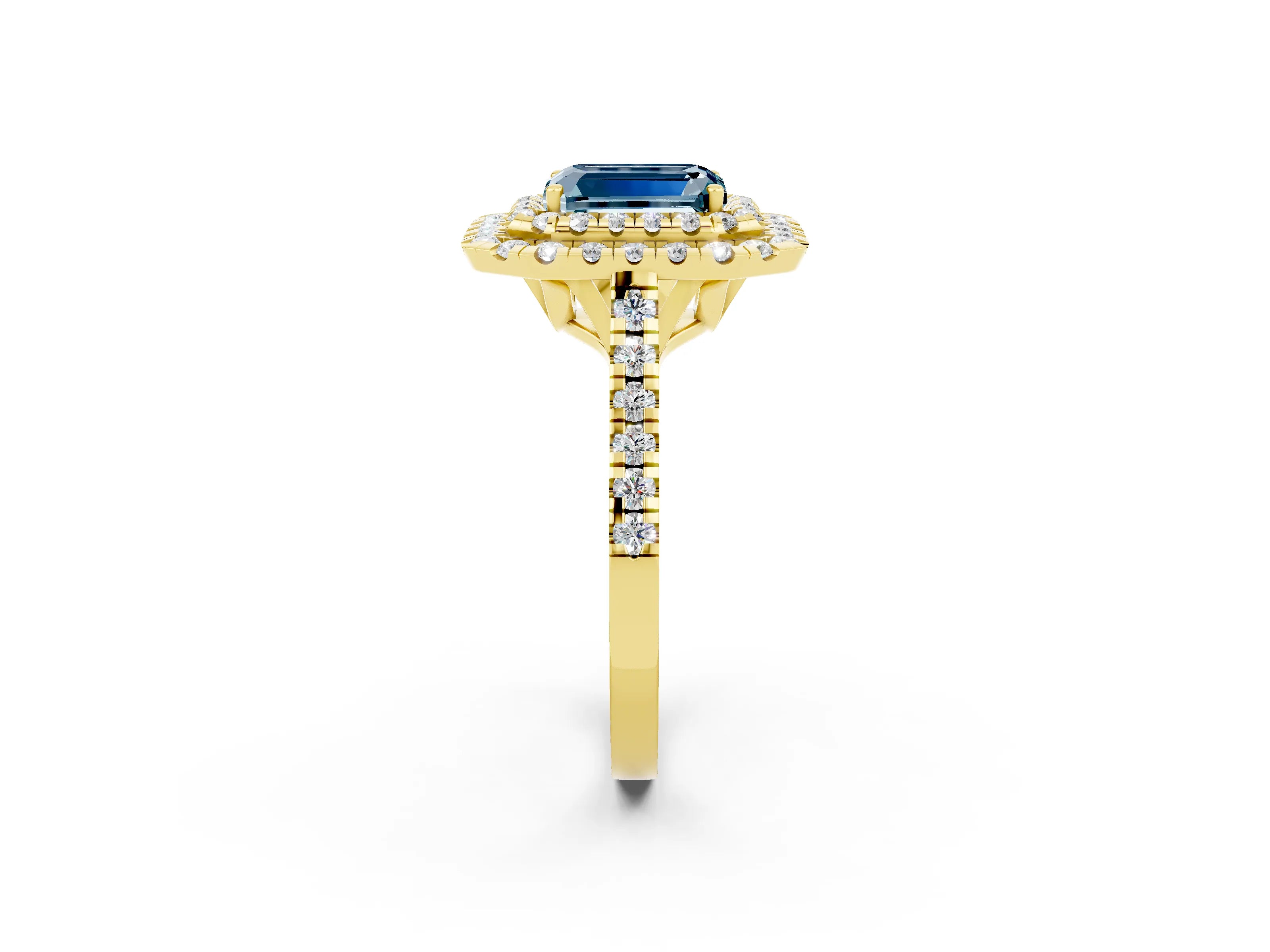 Yellow gold Double Halo Emerald Cut Aquamarine Pavé Band with Four-Prong Setting_2