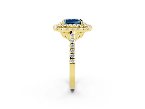 Yellow gold Double Halo Emerald Cut Aquamarine Pavé Band with Four-Prong Setting_2