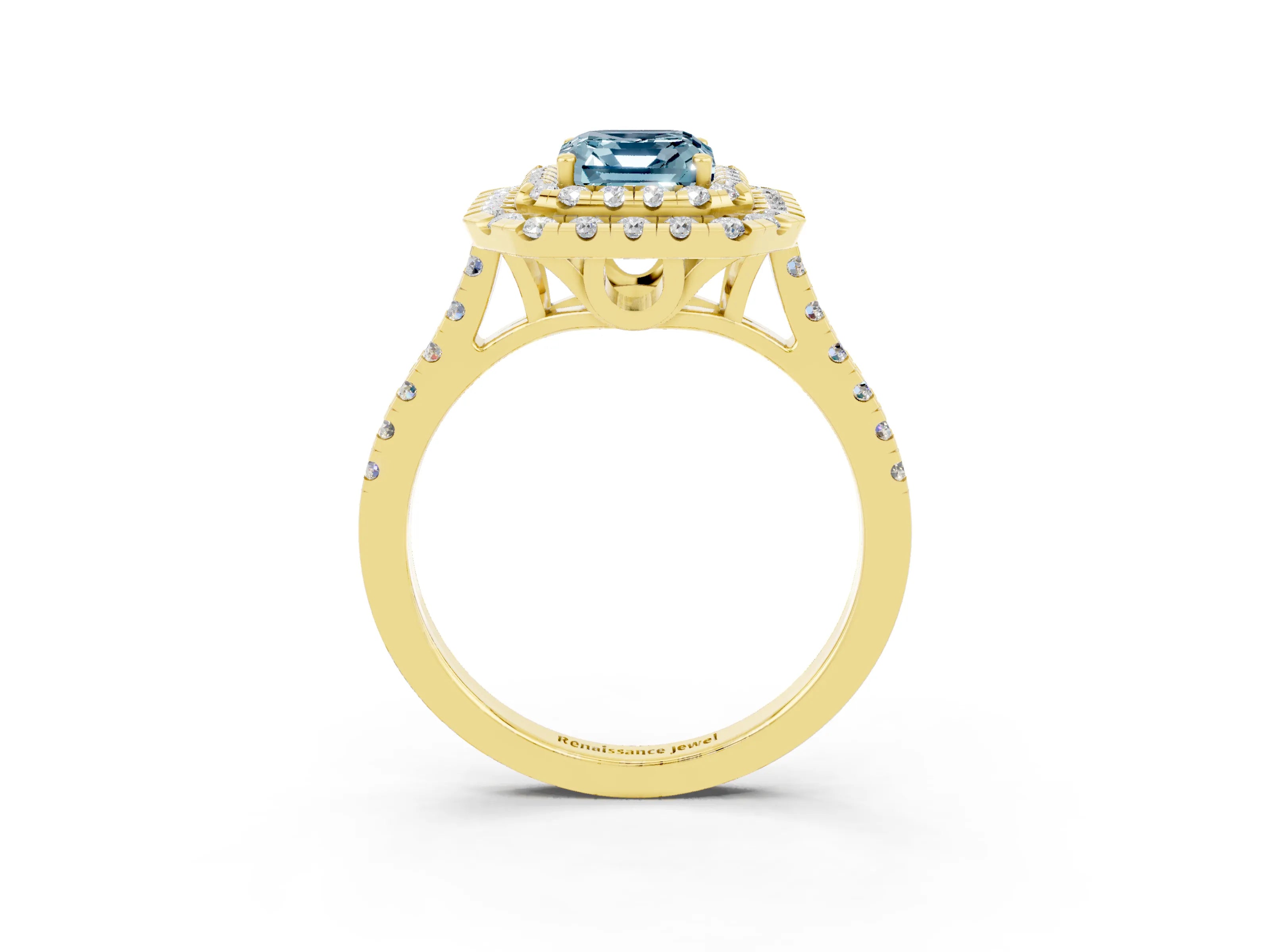 Yellow gold Double Halo Emerald Cut Aquamarine Pavé Band with Four-Prong Setting_3