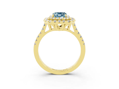 Yellow gold Double Halo Emerald Cut Aquamarine Pavé Band with Four-Prong Setting_3