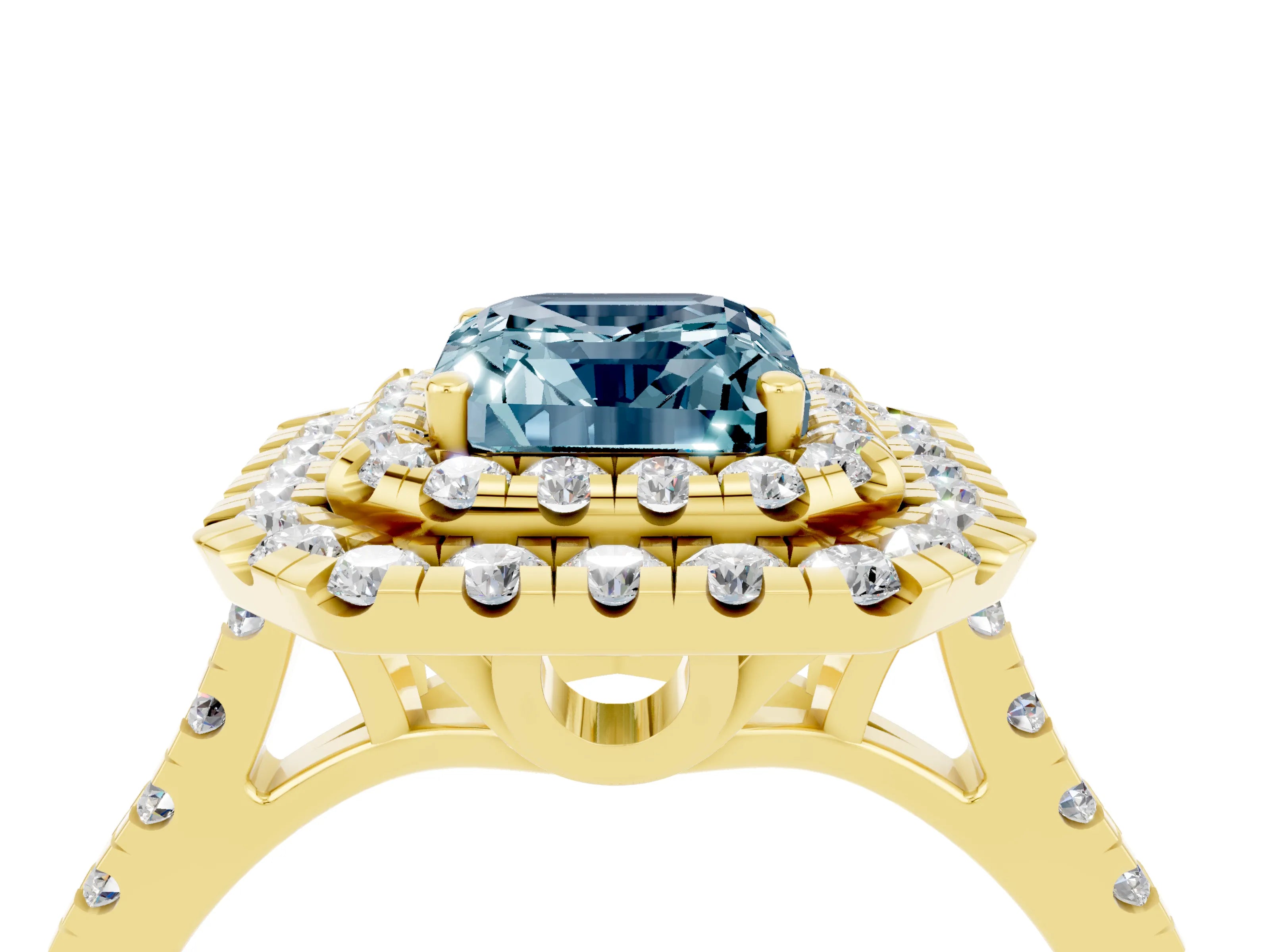 Yellow gold Double Halo Emerald Cut Aquamarine Pavé Band with Four-Prong Setting_4