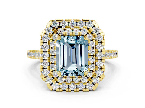 Yellow gold Double Halo Emerald Cut Aquamarine Pavé Band with Four-Prong Setting