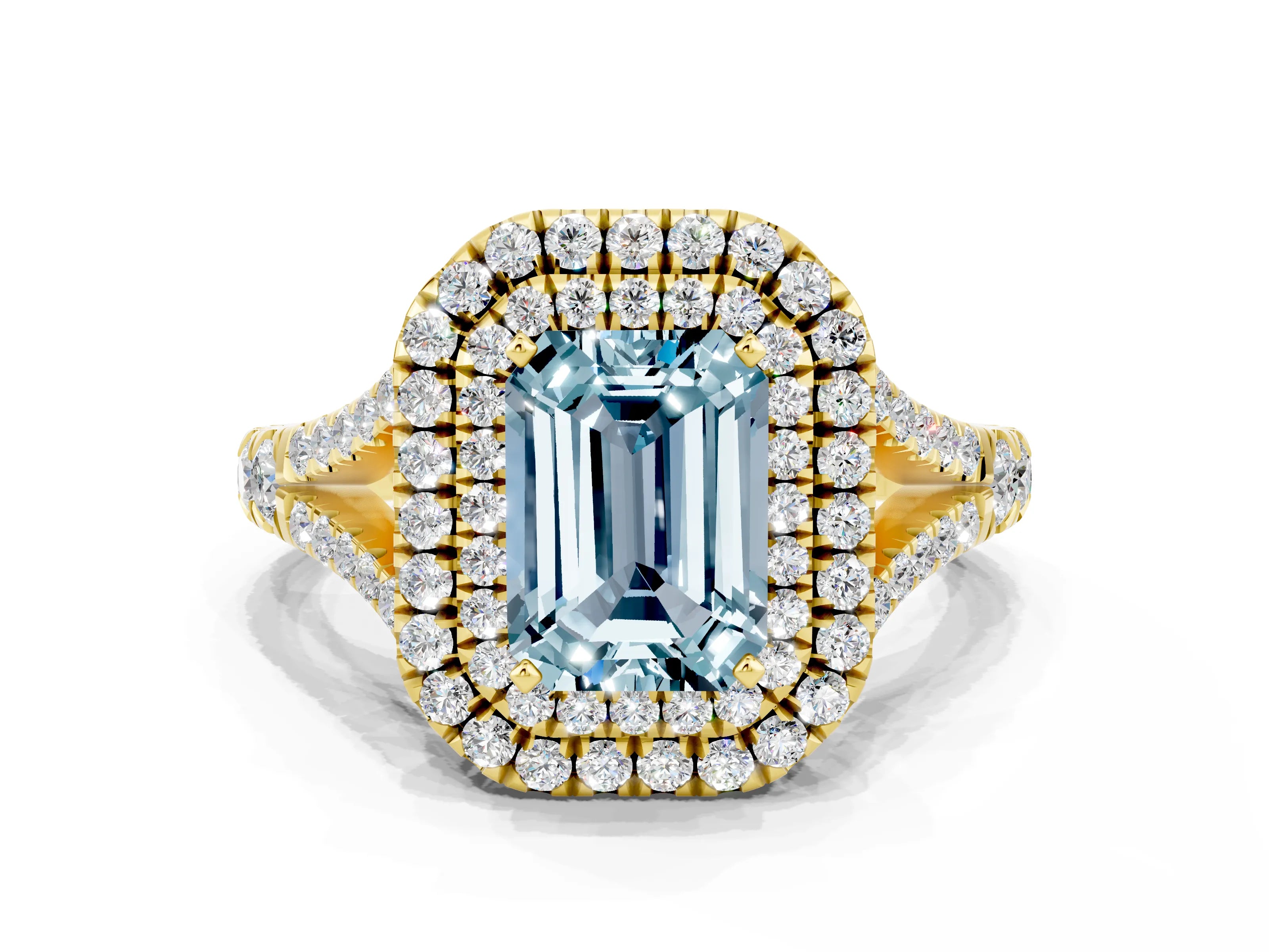 Yellow gold Double Halo Emerald Cut Aquamarine Pavé Split Shank Ring with Prong Setting