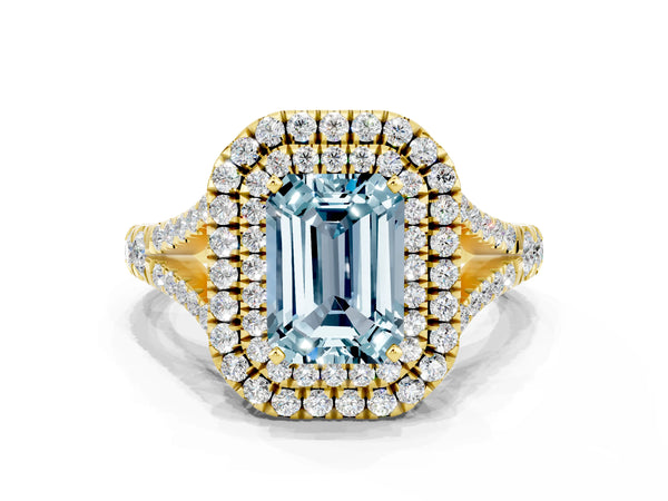 Yellow gold Double Halo Emerald Cut Aquamarine Pavé Split Shank Ring with Prong Setting