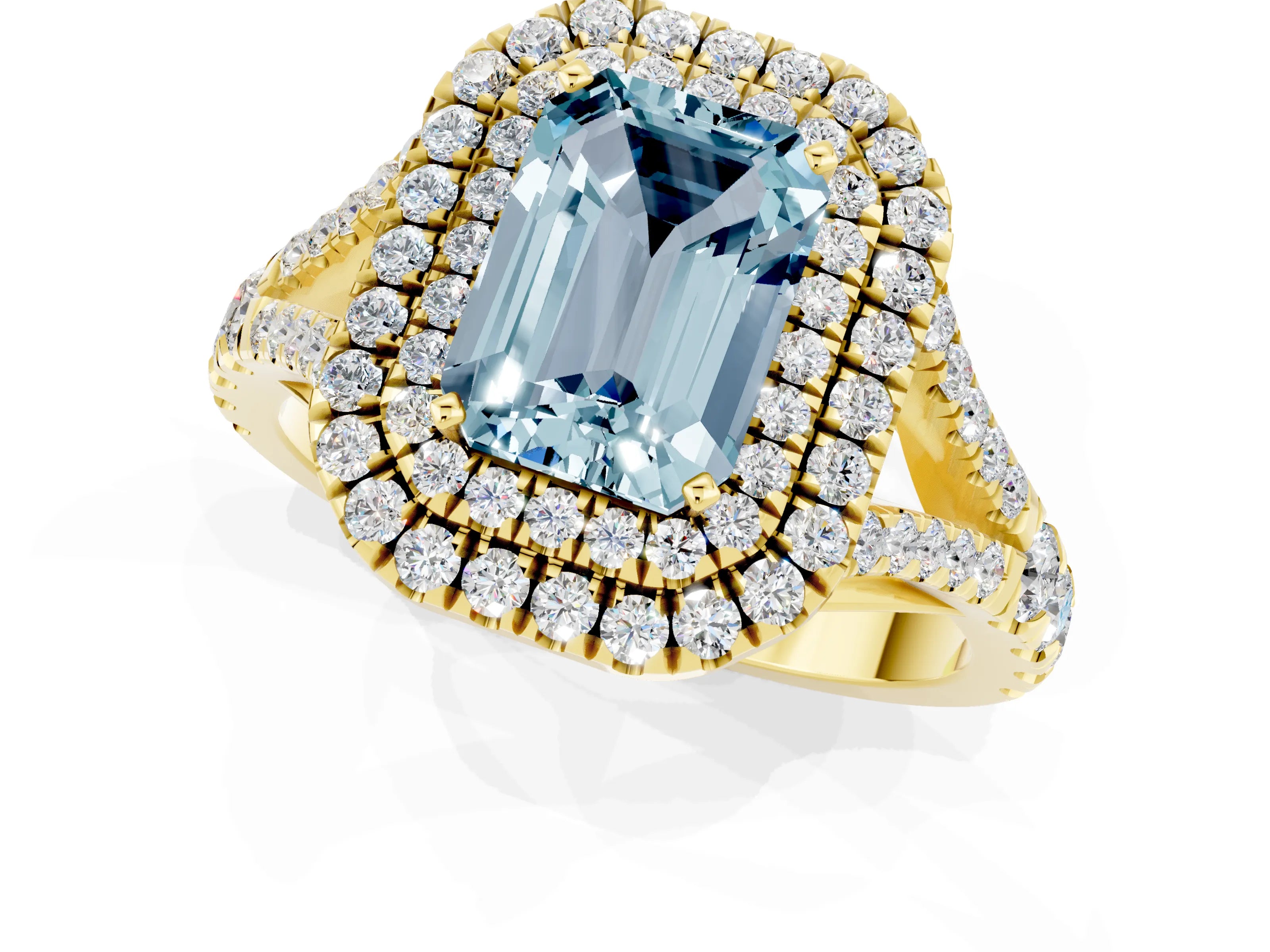 Yellow gold Double Halo Emerald Cut Aquamarine Pavé Split Shank Ring with Prong Setting_1