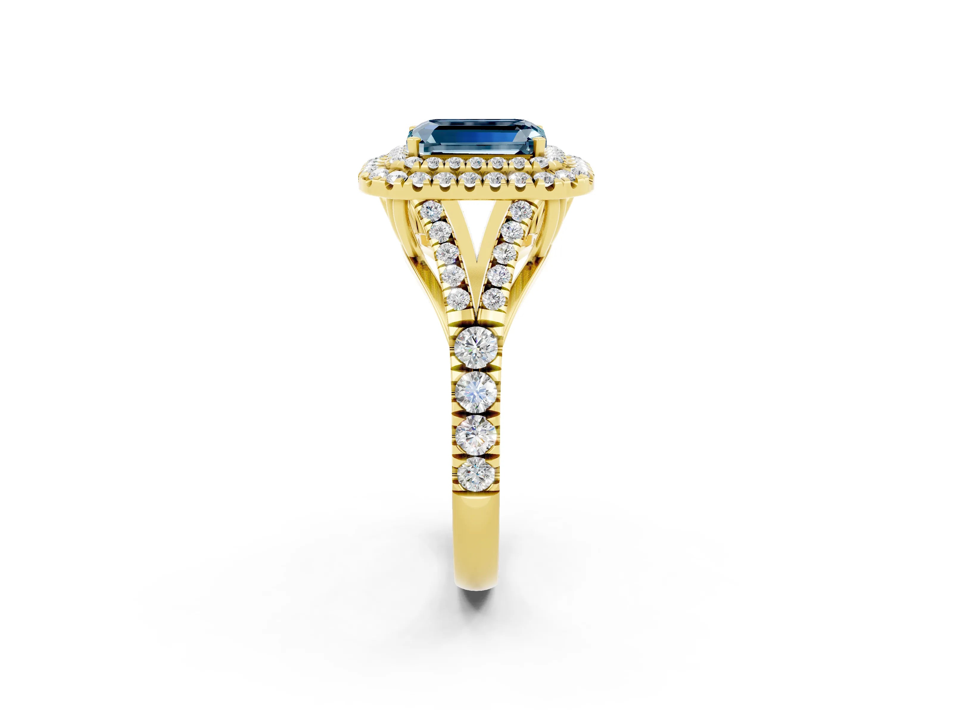 Yellow gold Double Halo Emerald Cut Aquamarine Pavé Split Shank Ring with Prong Setting_2