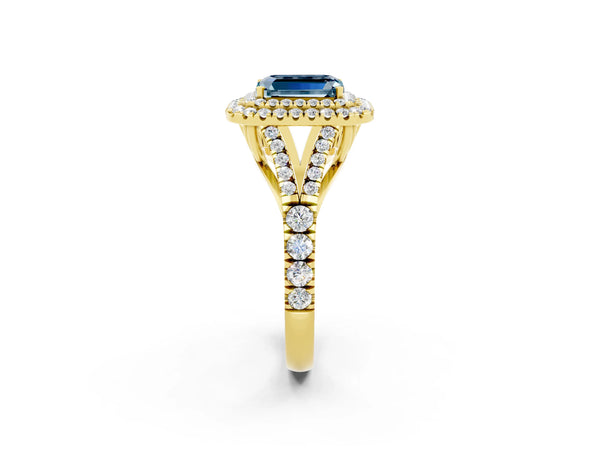 Yellow gold Double Halo Emerald Cut Aquamarine Pavé Split Shank Ring with Prong Setting