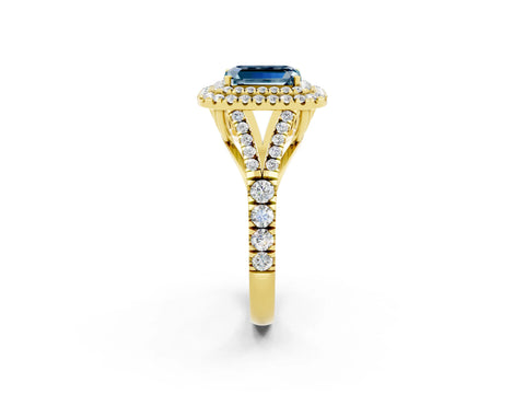 Yellow gold Double Halo Emerald Cut Aquamarine Pavé Split Shank Ring with Prong Setting_2