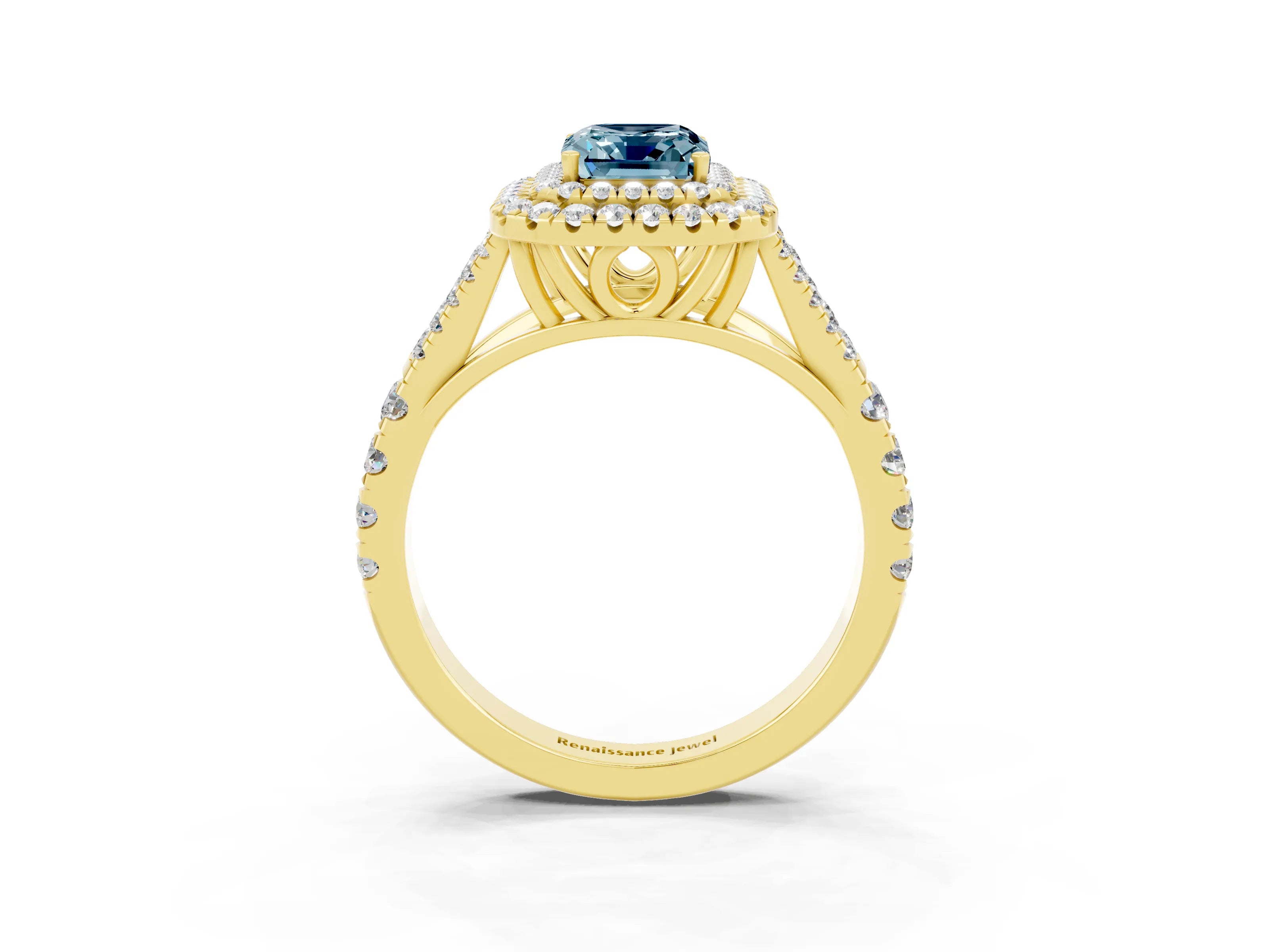 Yellow gold Double Halo Emerald Cut Aquamarine Pavé Split Shank Ring with Prong Setting_3