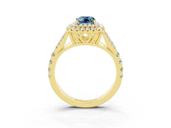 Yellow gold Double Halo Emerald Cut Aquamarine Pavé Split Shank Ring with Prong Setting