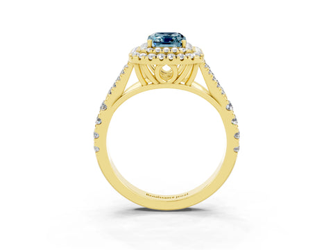 Yellow gold Double Halo Emerald Cut Aquamarine Pavé Split Shank Ring with Prong Setting_3