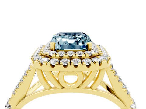 Yellow gold Double Halo Emerald Cut Aquamarine Pavé Split Shank Ring with Prong Setting_4