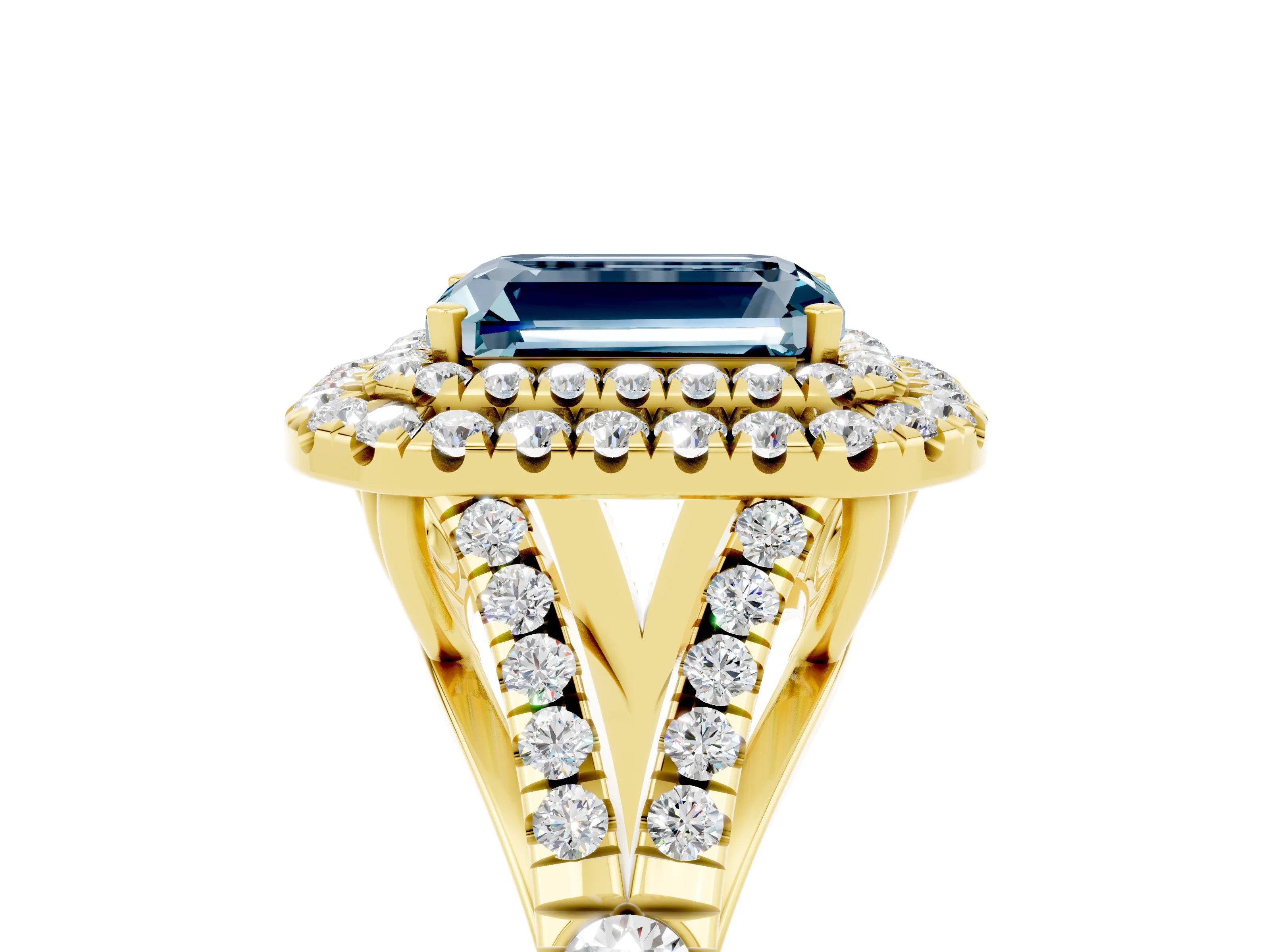 Yellow gold Double Halo Emerald Cut Aquamarine Pavé Split Shank Ring with Prong Setting_5
