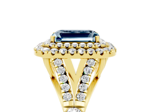 Yellow gold Double Halo Emerald Cut Aquamarine Pavé Split Shank Ring with Prong Setting_5