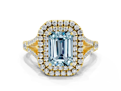 Yellow gold Double Halo Emerald Cut Aquamarine Pavé Split Shank Ring with Prong Setting