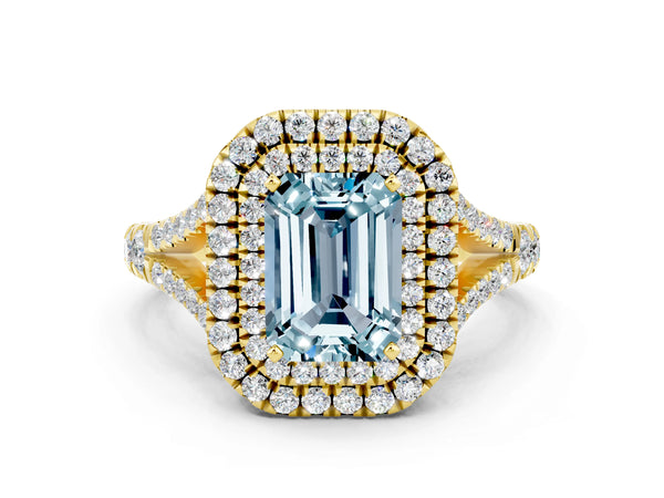 Yellow gold Double Halo Emerald Cut Aquamarine Split Shank Engagement Ring with Four-Prong Setting