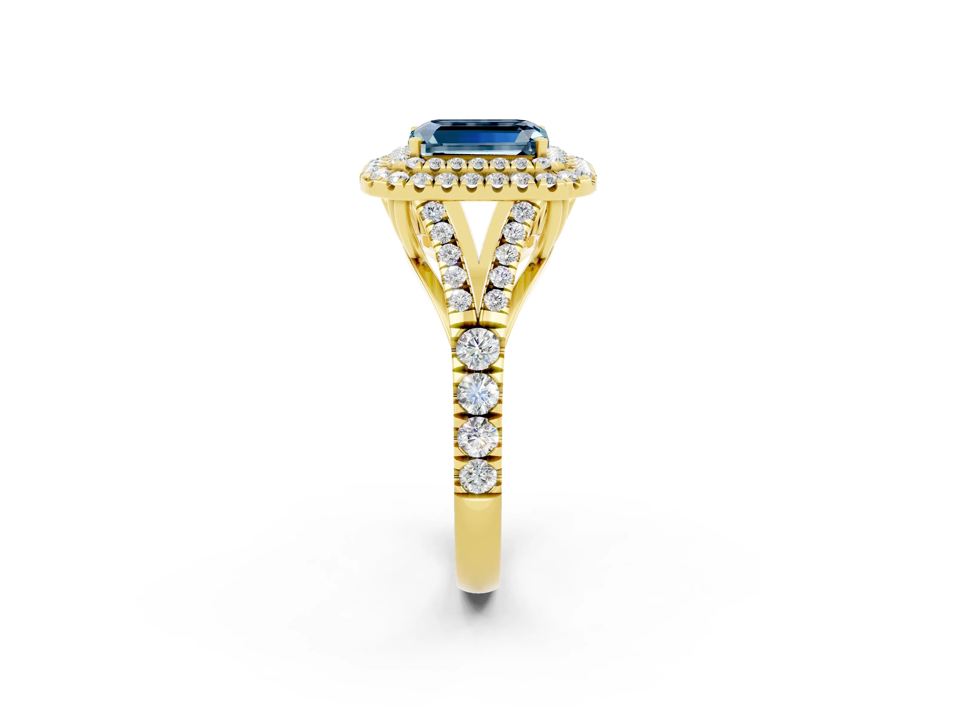 Yellow gold Double Halo Emerald Cut Aquamarine Split Shank Engagement Ring with Four-Prong Setting_2