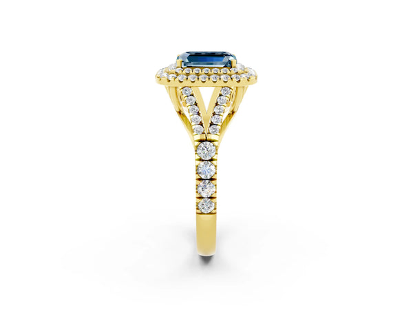 Yellow gold Double Halo Emerald Cut Aquamarine Split Shank Engagement Ring with Four-Prong Setting